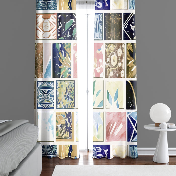 Abstract Window Curtain - Pink and Blue Checkered Florals - Deja Blue Studios