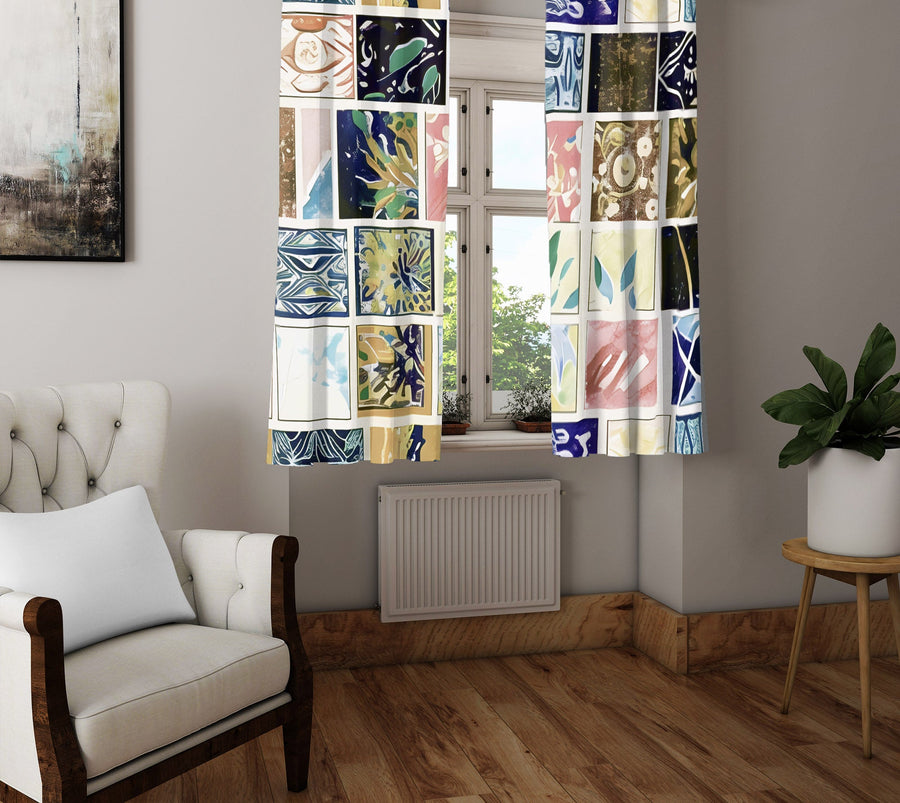 Abstract Window Curtain - Pink and Blue Checkered Florals - Deja Blue Studios