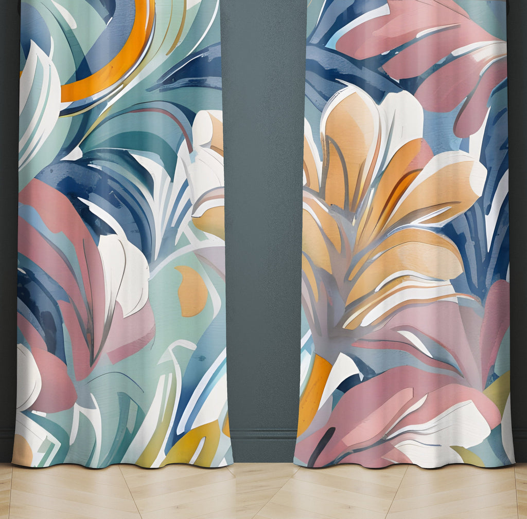 Floral Window Curtain - Millenial Aesthetic Orange, Pink, and Blue Palm Ferns - Deja Blue Studios