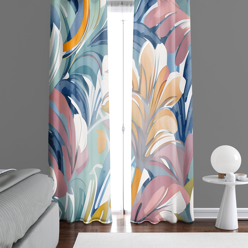Floral Window Curtain - Millenial Aesthetic Orange, Pink, and Blue Palm Ferns - Deja Blue Studios