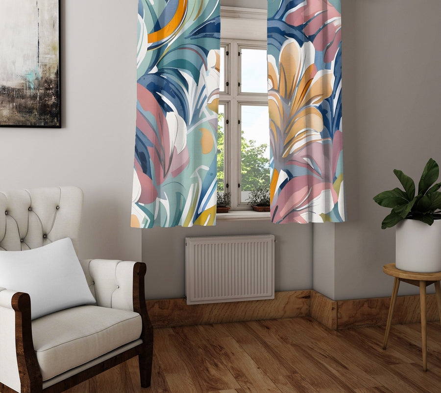 Floral Window Curtain - Millenial Aesthetic Orange, Pink, and Blue Palm Ferns - Deja Blue Studios