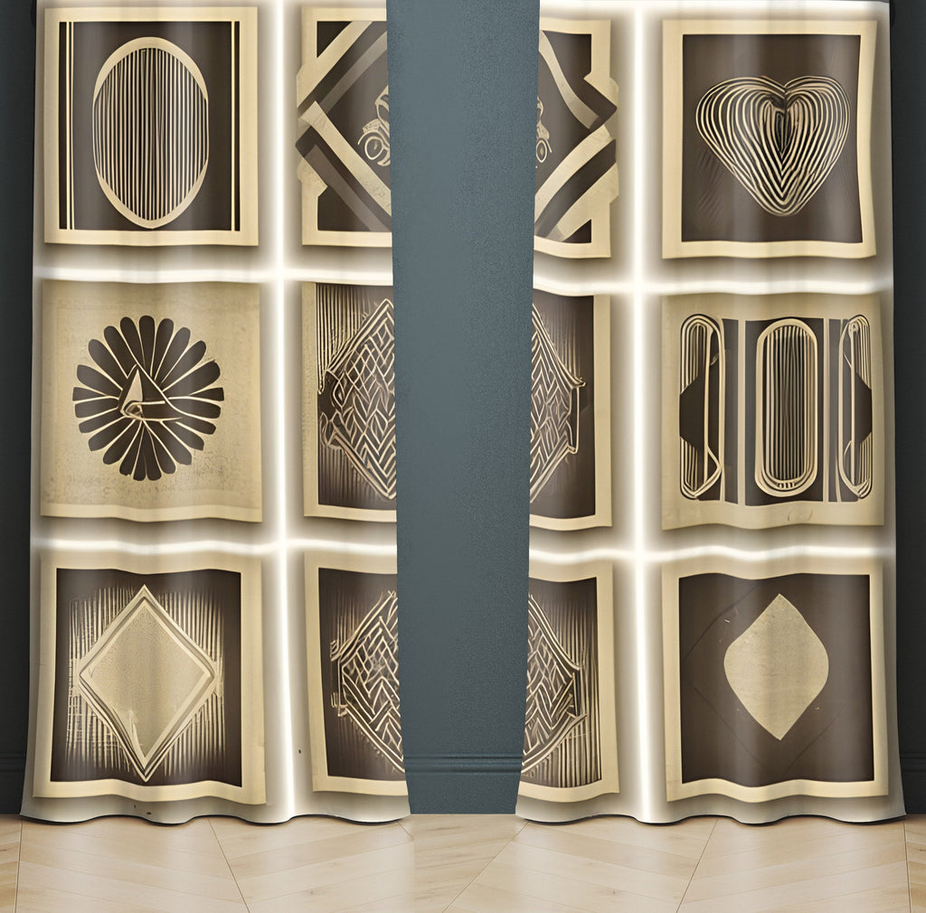 Art Deco Window Curtain - Brown and Tan Checkered Art Deco Pattern - Deja Blue Studios