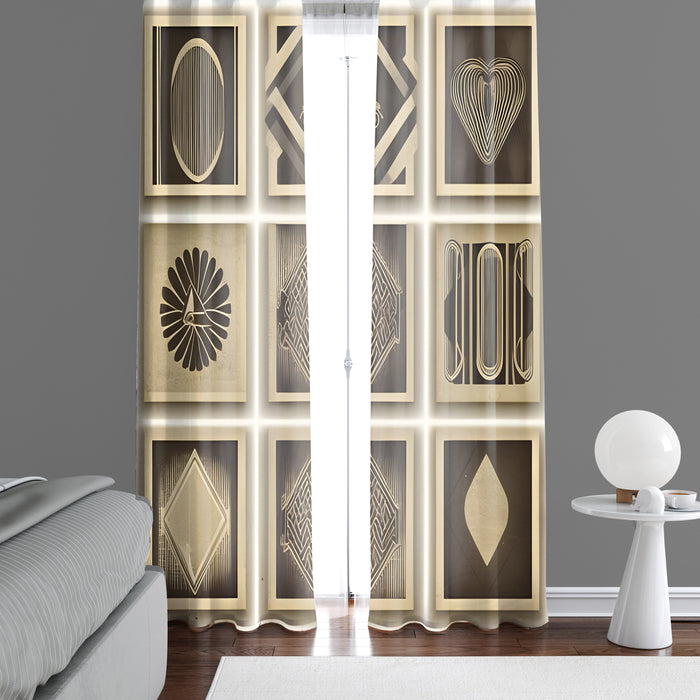 Art Deco Window Curtain - Brown and Tan Checkered Art Deco Pattern - Deja Blue Studios