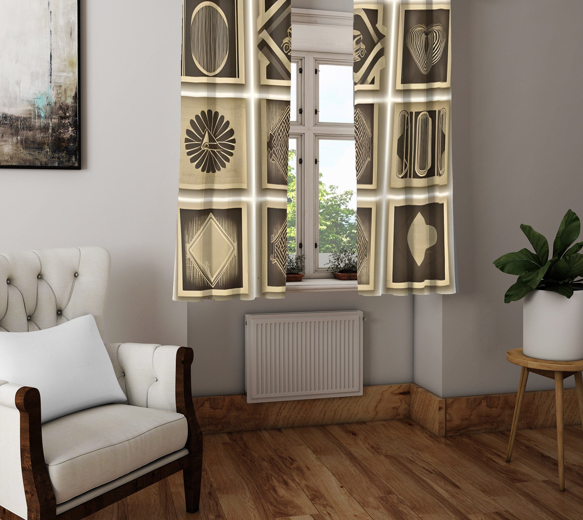 Art Deco Window Curtain Brown and Tan Checkered Art Deco Pattern