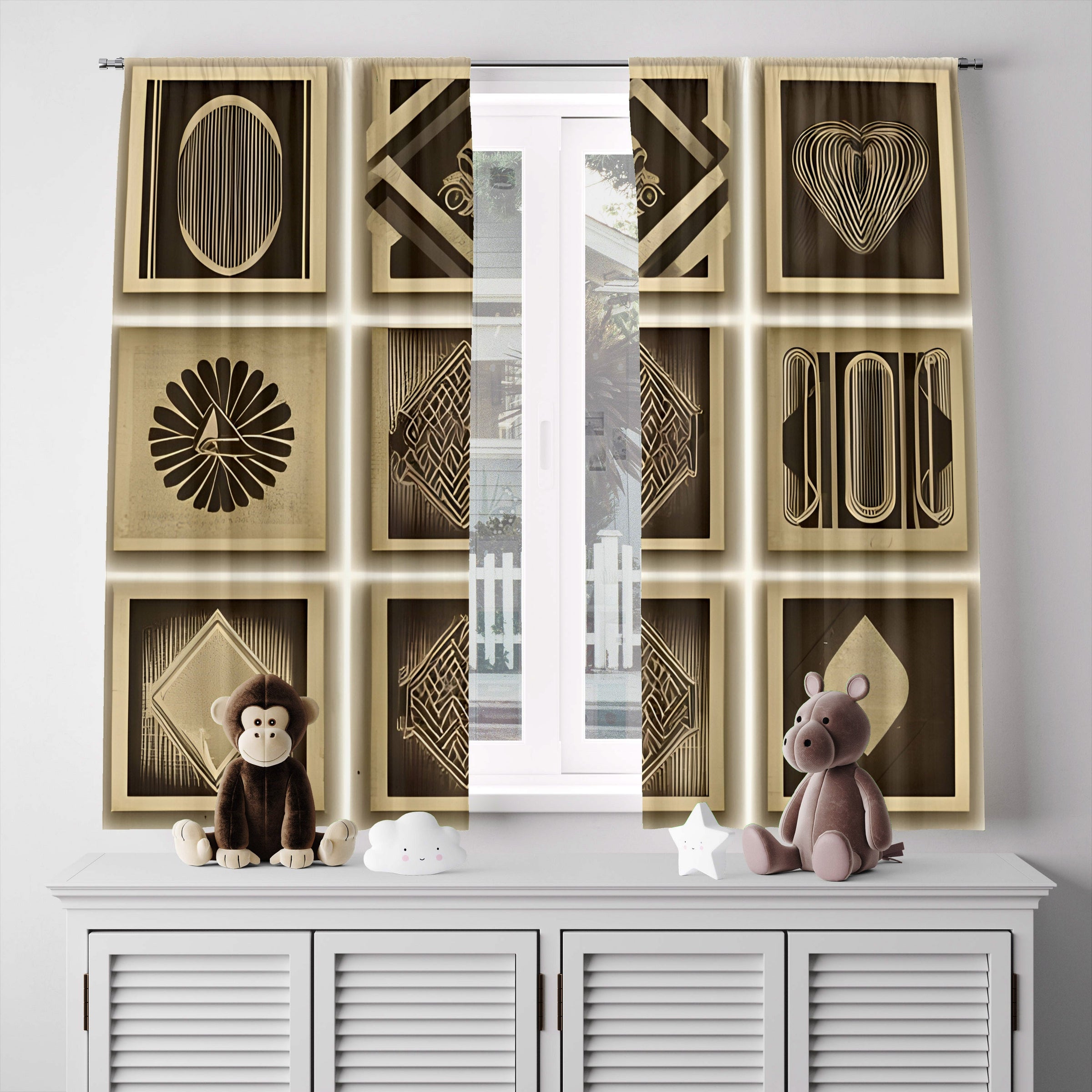 Art Deco Window Curtain Brown and Tan Checkered Art Deco Pattern