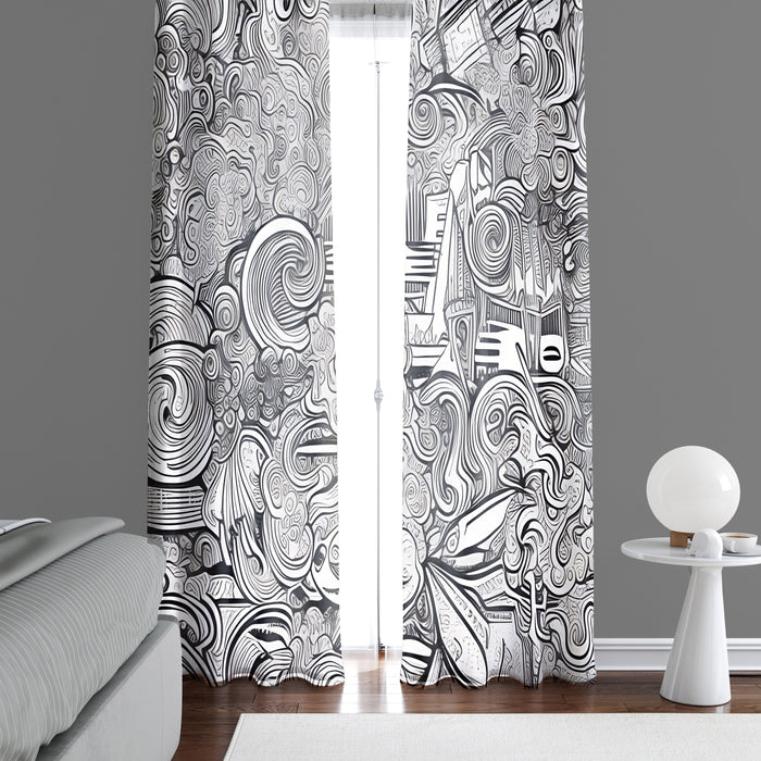 Abstract Window Curtain - Black and White Swirly Cityscape - Deja Blue Studios