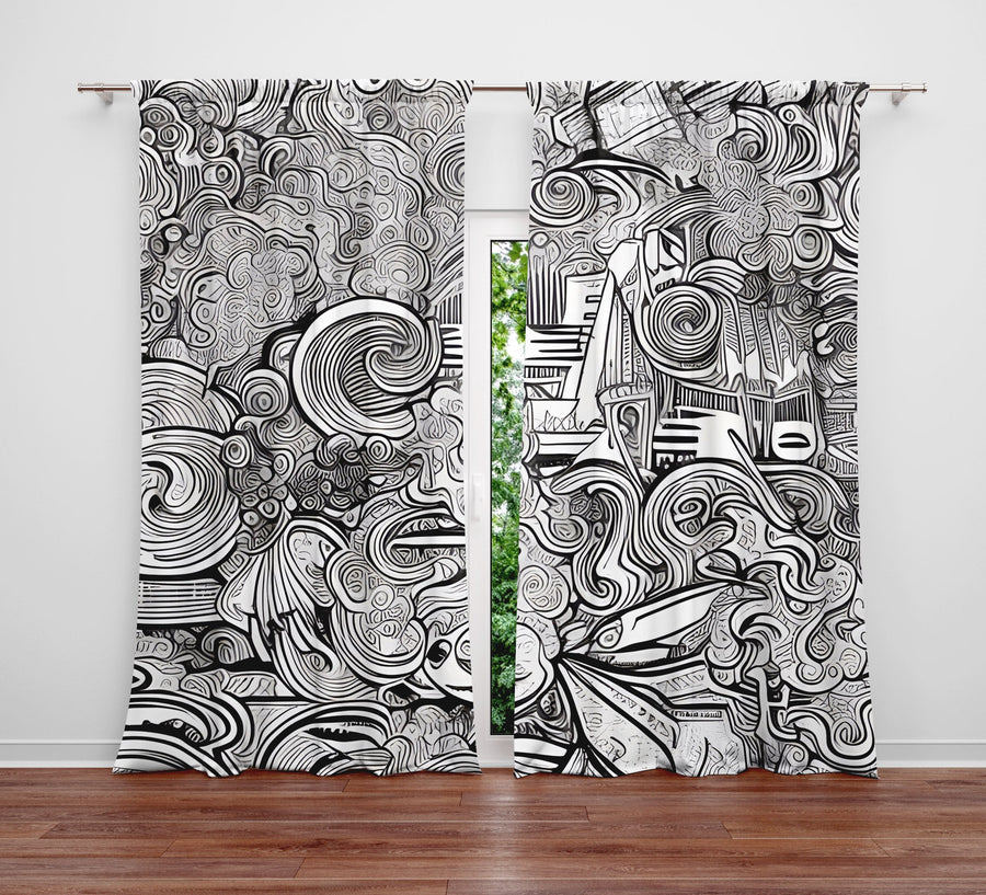 Abstract Window Curtain - Black and White Swirly Cityscape - Deja Blue Studios