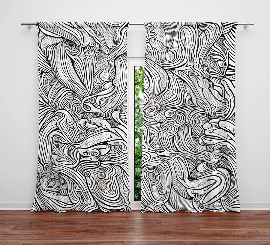 Abstract Window Curtain - Black and White Ocean Floor - Deja Blue Studios
