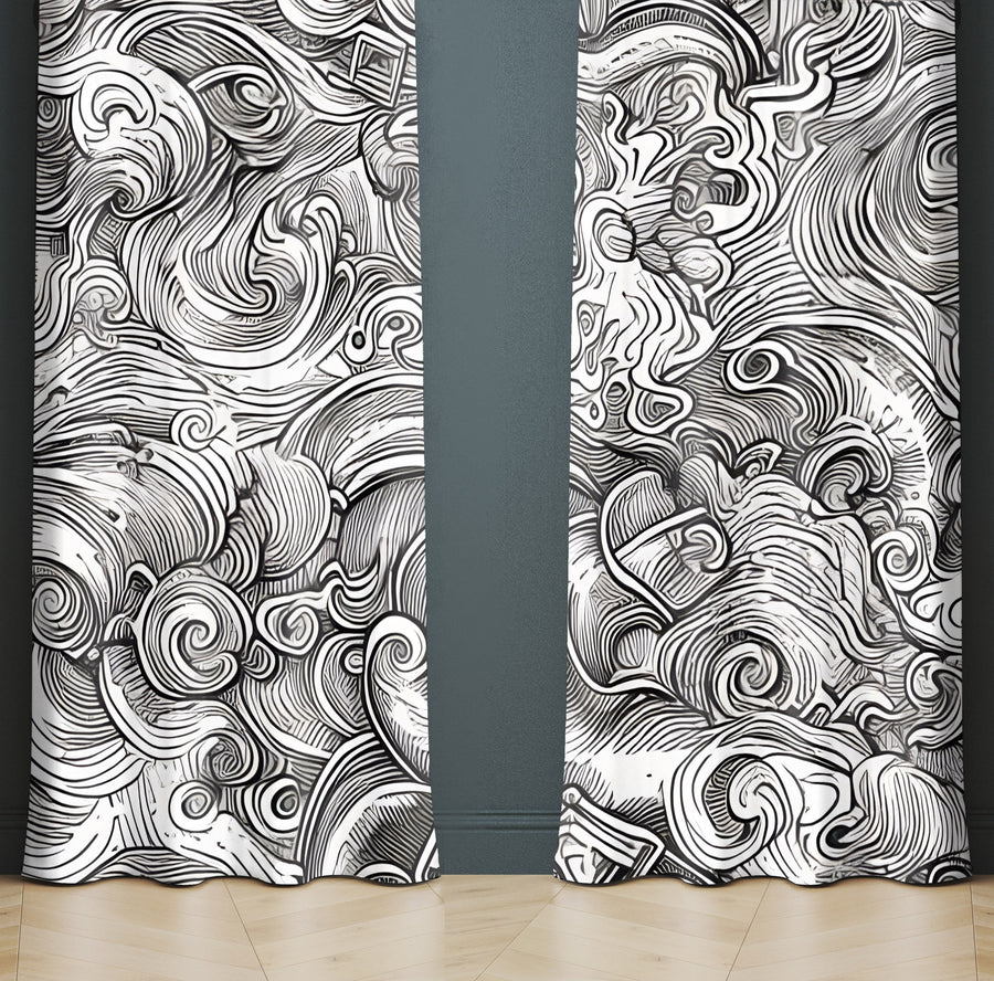 Abstract Window Curtain - Black and White Ocean Storm - Deja Blue Studios