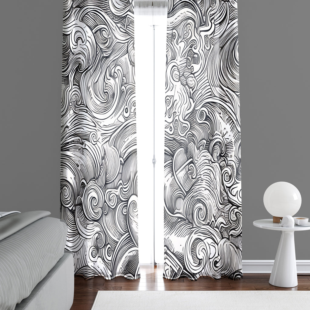 Abstract Window Curtain - Black and White Ocean Storm - Deja Blue Studios