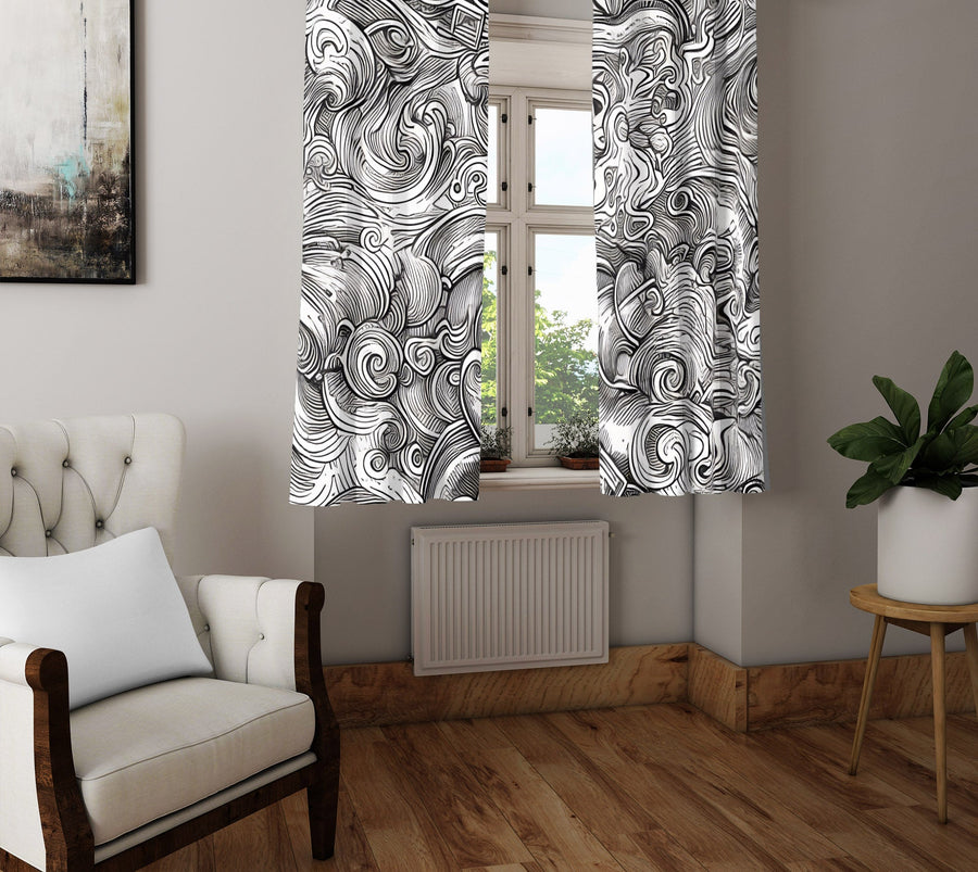 Abstract Window Curtain - Black and White Ocean Storm - Deja Blue Studios