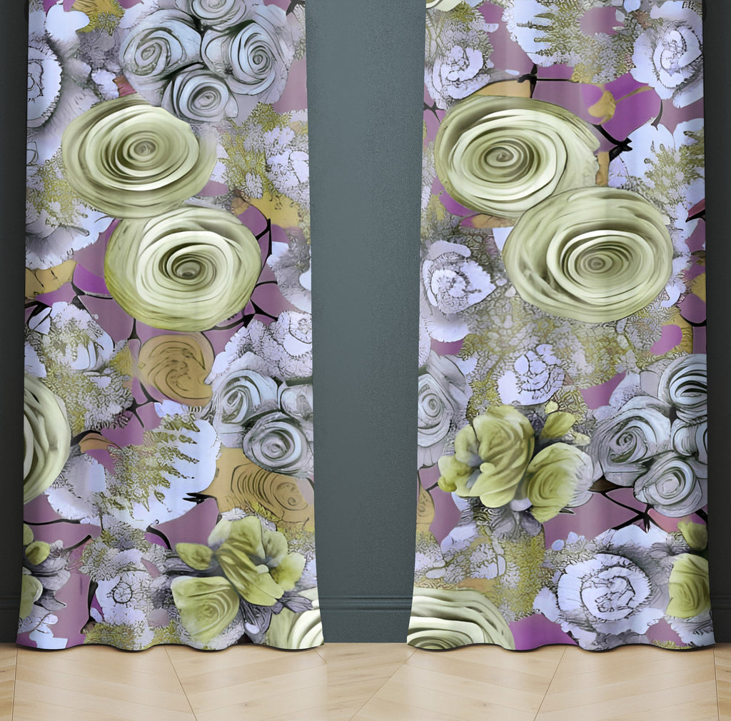 Floral Window Curtain - Yellow and White Rose Bouquet - Deja Blue Studios