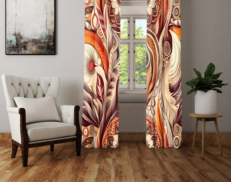 Floral Window Curtain - Red and Orange Feathered Mandala - Deja Blue Studios