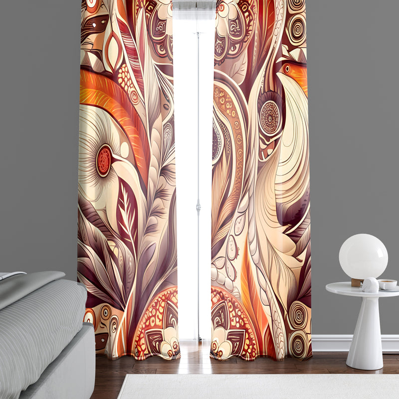 Floral Window Curtain - Red and Orange Feathered Mandala - Deja Blue Studios