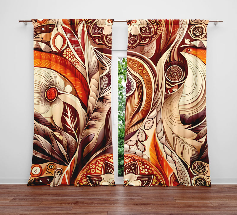 Floral Window Curtain - Red and Orange Feathered Mandala - Deja Blue Studios