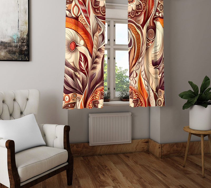 Floral Window Curtain - Red and Orange Feathered Mandala - Deja Blue Studios
