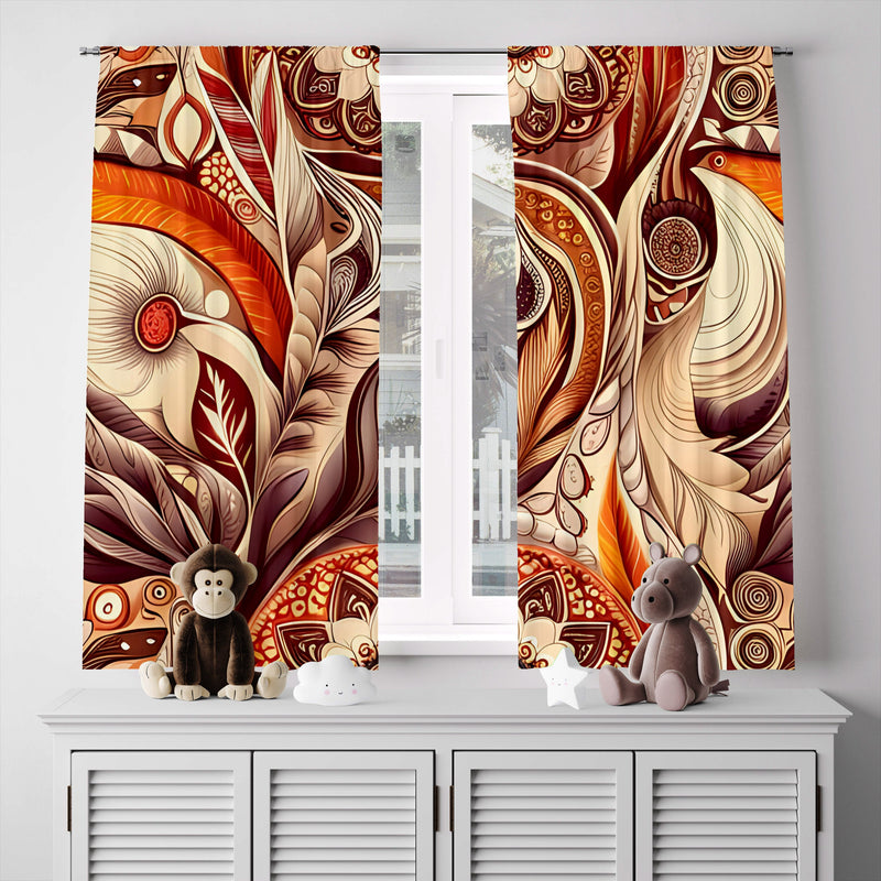 Floral Window Curtain - Red and Orange Feathered Mandala - Deja Blue Studios