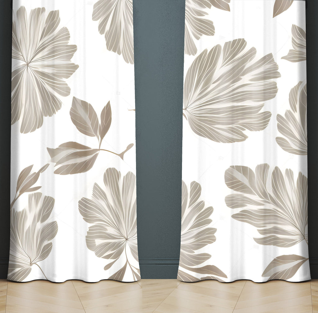 Minimalist Window Curtain - Tan and Gray Fern Quilted Pattern - Deja Blue Studios