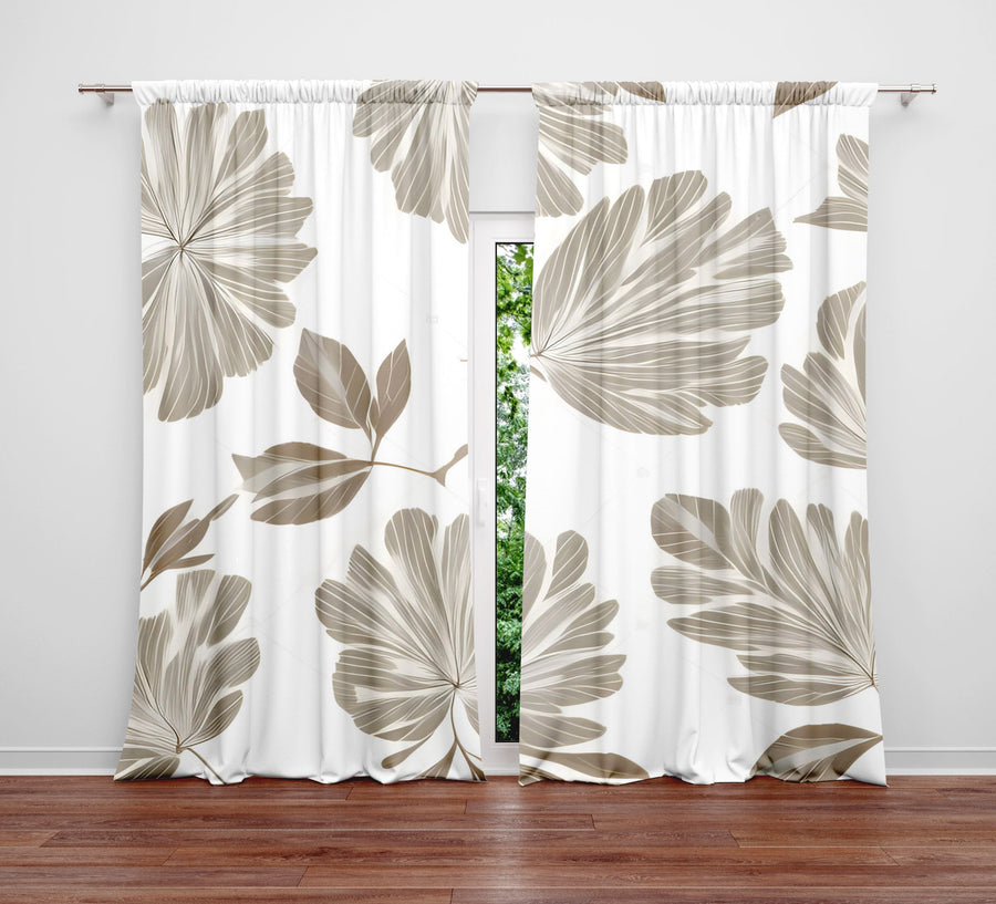 Minimalist Window Curtain - Tan and Gray Fern Quilted Pattern - Deja Blue Studios