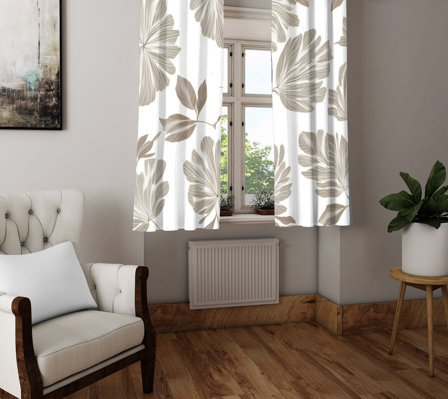 Minimalist Window Curtain - Tan and Gray Fern Quilted Pattern - Deja Blue Studios