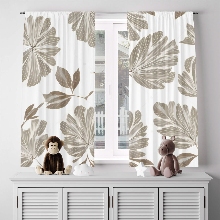 Minimalist Window Curtain - Tan and Gray Fern Quilted Pattern - Deja Blue Studios