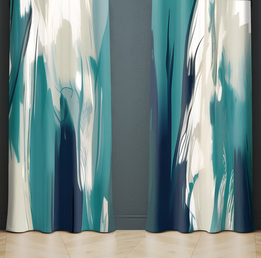 Abstract Window Curtain - Blue and Tan Paint Stripe Pattern - Deja Blue Studios