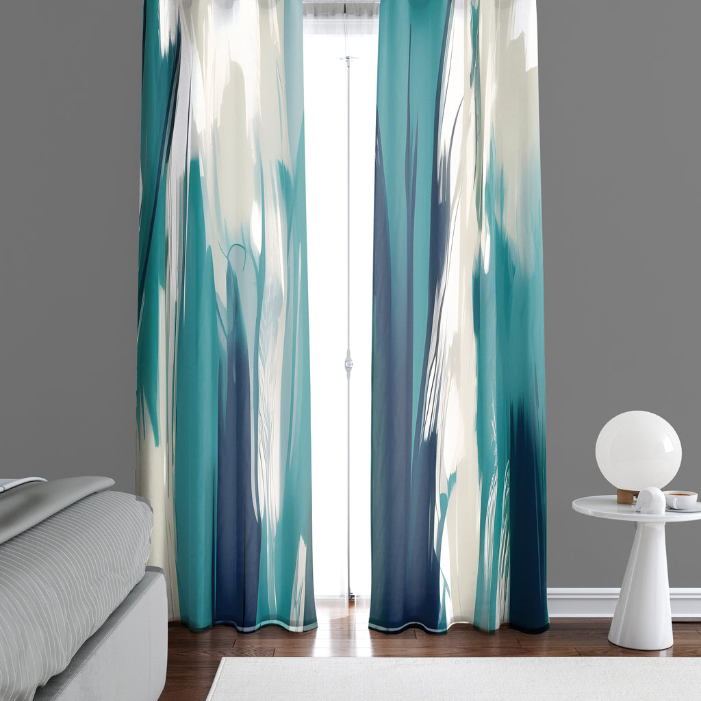 Abstract Window Curtain - Blue and Tan Paint Stripe Pattern - Deja Blue Studios