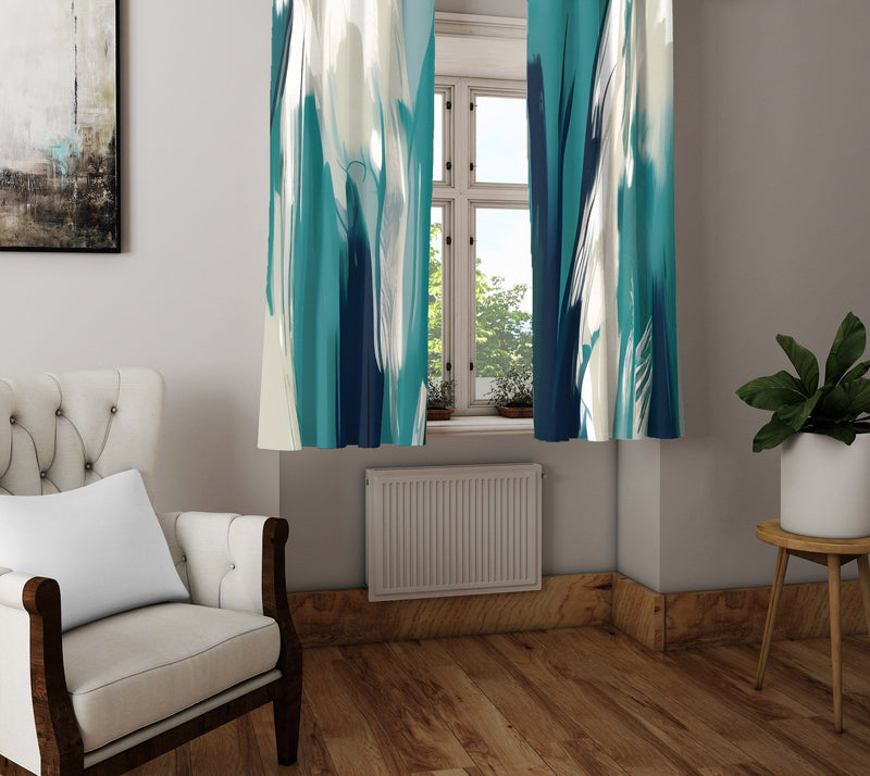 Abstract Window Curtain - Blue and Tan Paint Stripe Pattern - Deja Blue Studios