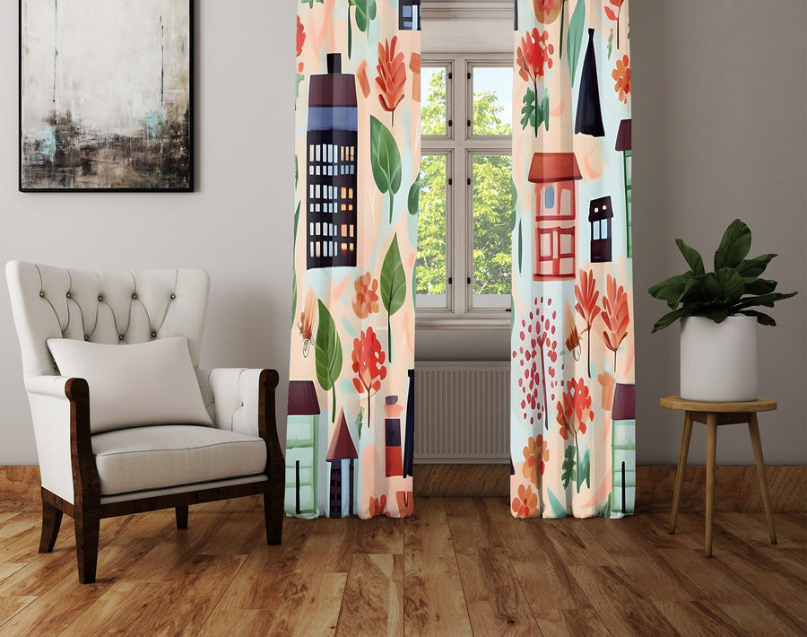 Abstract Window Curtain - Cartoon Style Autumn Day - Deja Blue Studios