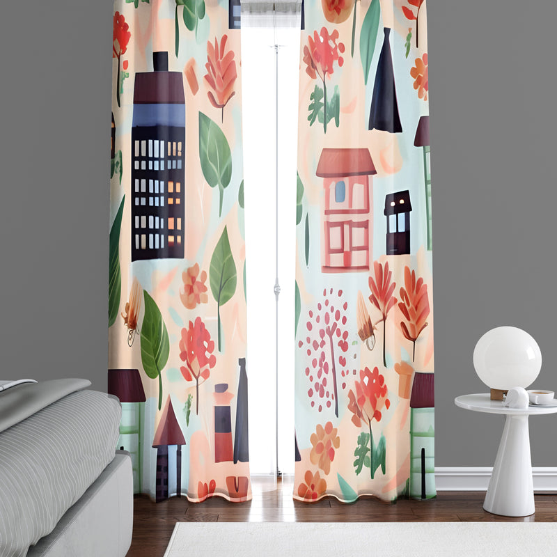 Abstract Window Curtain - Cartoon Style Autumn Day - Deja Blue Studios