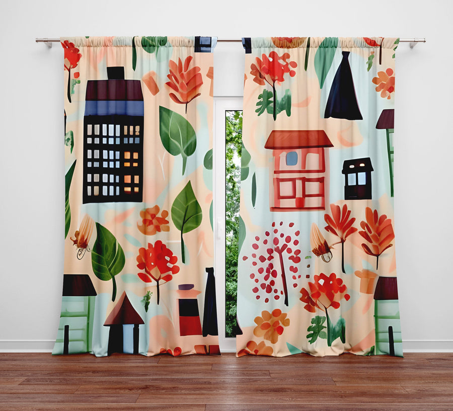 Abstract Window Curtain - Cartoon Style Autumn Day - Deja Blue Studios