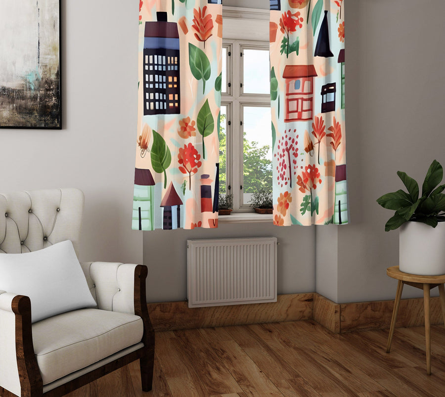 Abstract Window Curtain - Cartoon Style Autumn Day - Deja Blue Studios