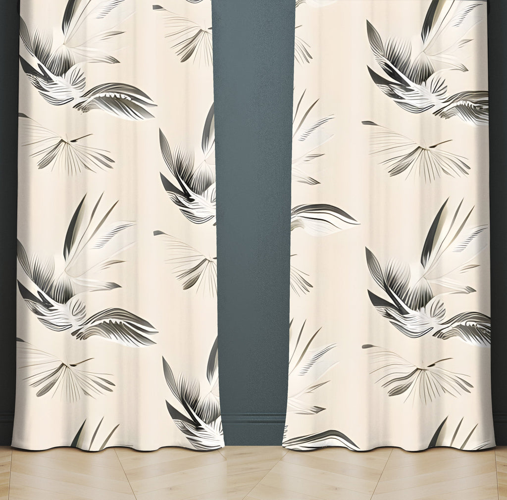 Minimalist Window Curtain - Tan and Gray Abstract Feathered Pattern - Deja Blue Studios