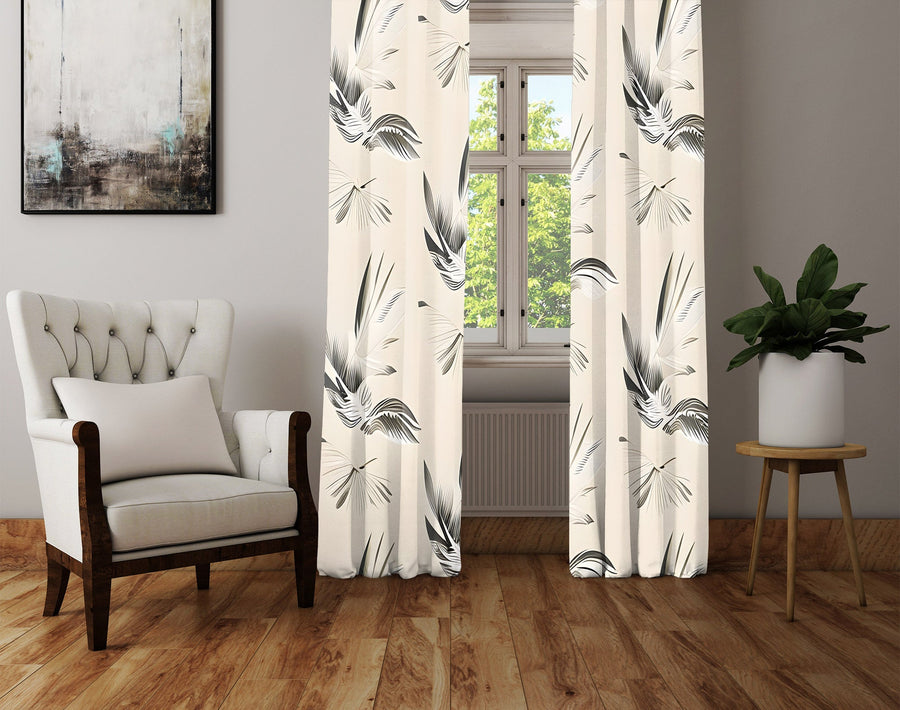 Minimalist Window Curtain - Tan and Gray Abstract Feathered Pattern - Deja Blue Studios