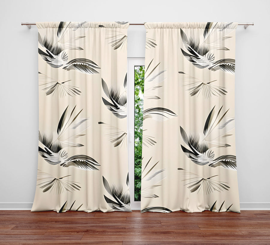 Minimalist Window Curtain - Tan and Gray Abstract Feathered Pattern - Deja Blue Studios