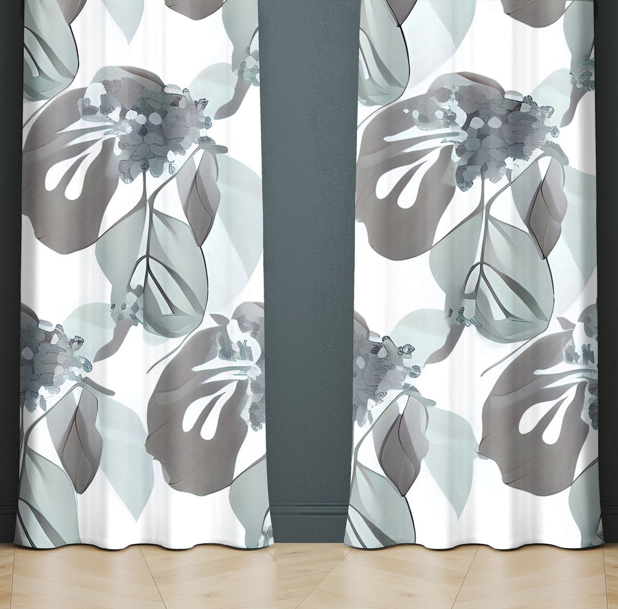 Floral Window Curtain - Gray Watercolor Monstera Leaf Pattern - Deja Blue Studios