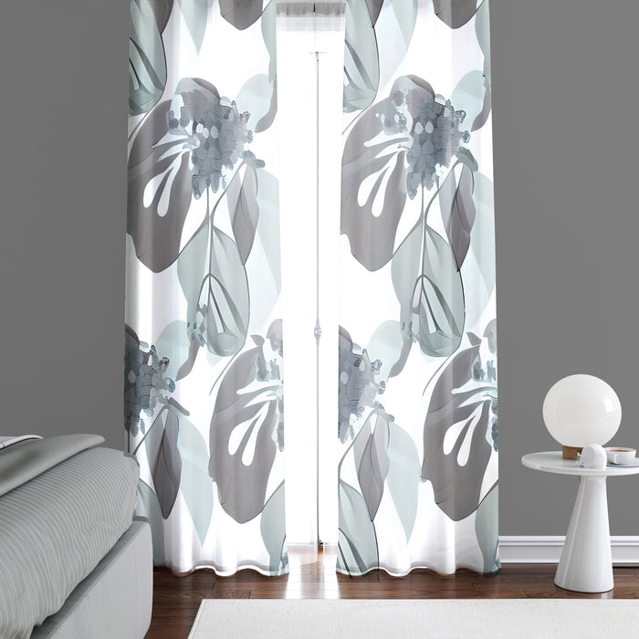 Floral Window Curtain - Gray Watercolor Monstera Leaf Pattern - Deja Blue Studios