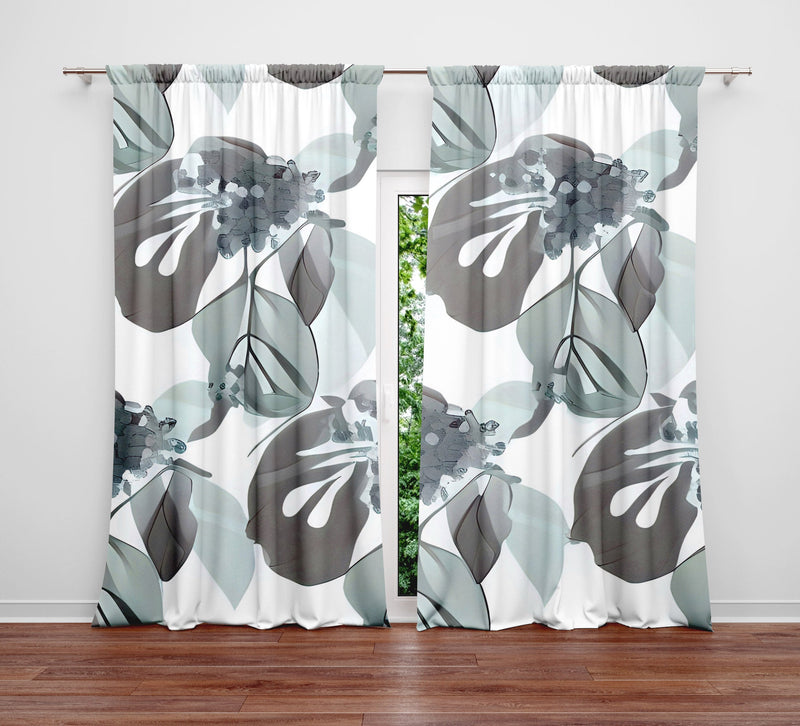 Floral Window Curtain - Gray Watercolor Monstera Leaf Pattern - Deja Blue Studios