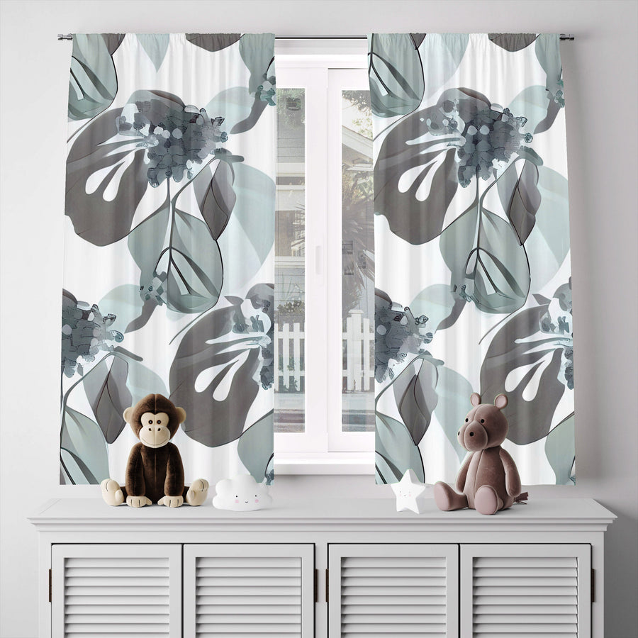 Floral Window Curtain - Gray Watercolor Monstera Leaf Pattern - Deja Blue Studios