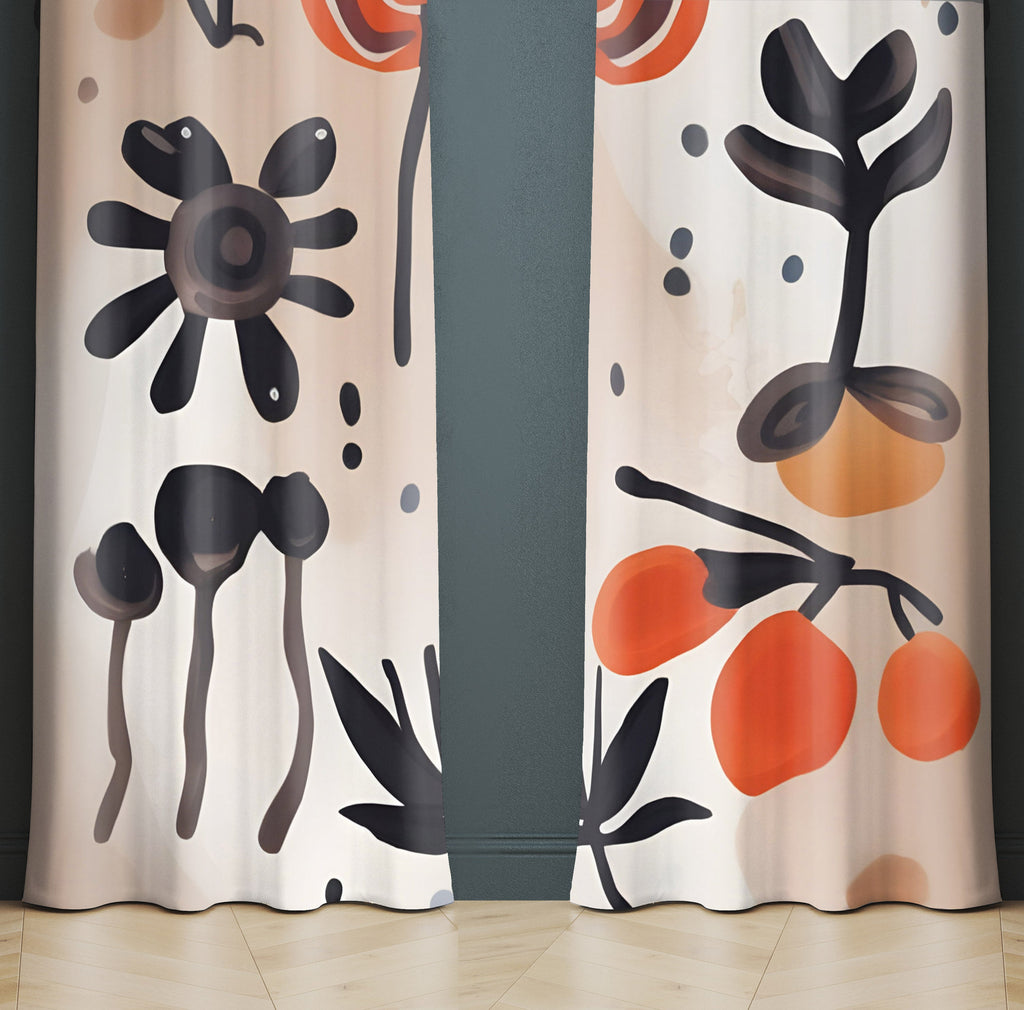 Floral Window Curtain - Rustic Abstract Orange Tree - Deja Blue Studios