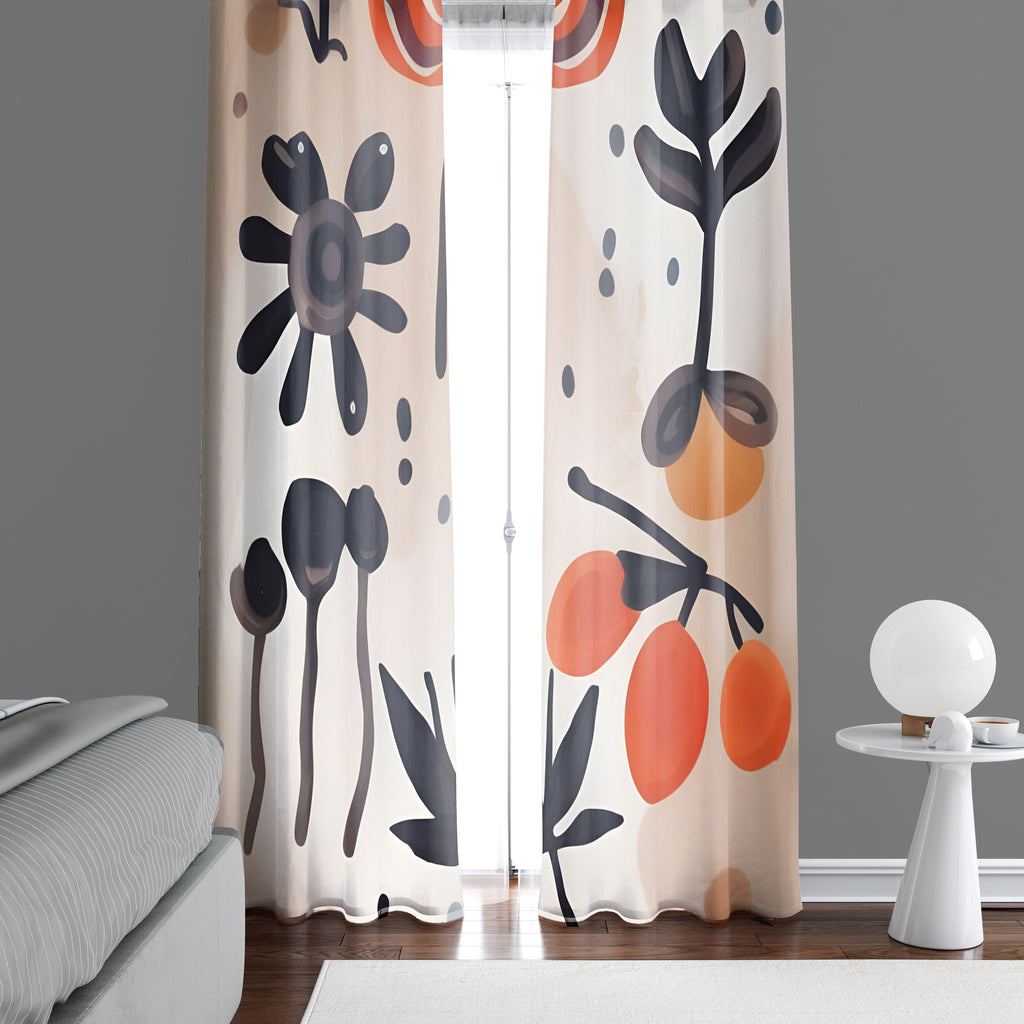 Floral Window Curtain - Rustic Abstract Orange Tree - Deja Blue Studios