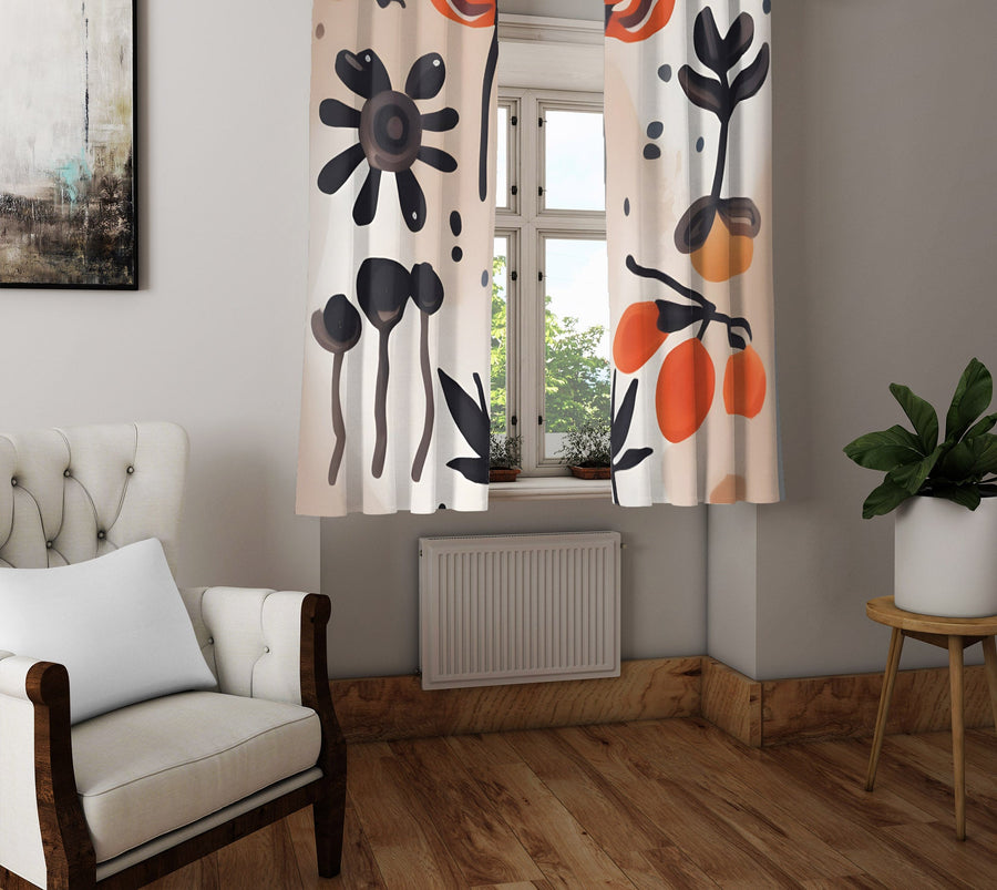 Floral Window Curtain - Rustic Abstract Orange Tree - Deja Blue Studios