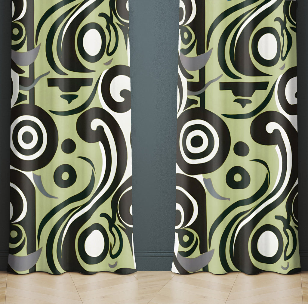 Art Deco Window Curtain - Green and Black Grecian Inspired Pattern - Deja Blue Studios