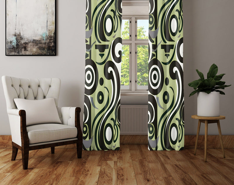 Art Deco Window Curtain - Green and Black Grecian Inspired Pattern - Deja Blue Studios