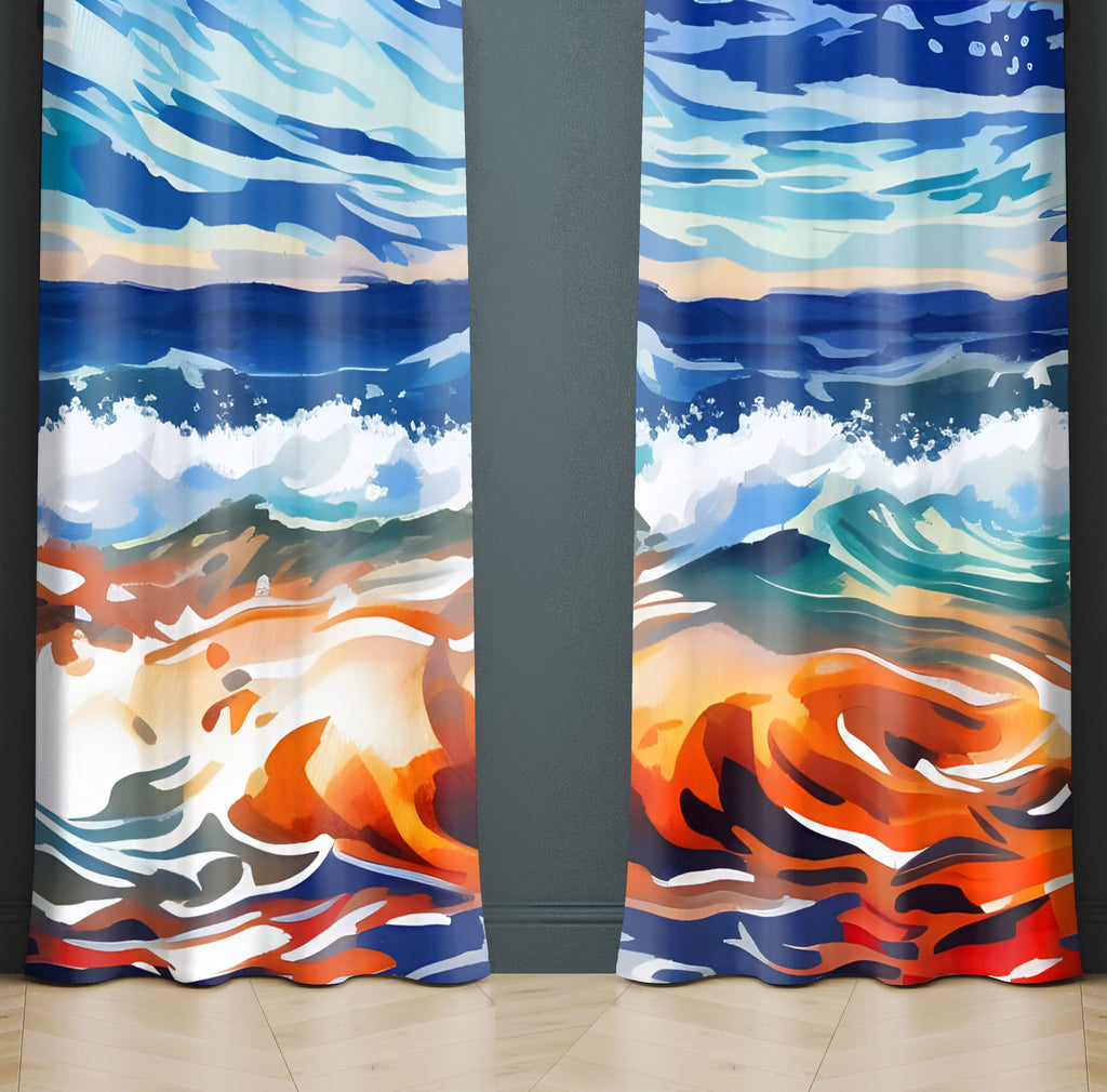 Abstract Window Curtain - Orange and Blue Churning Ocean Storm - Deja Blue Studios