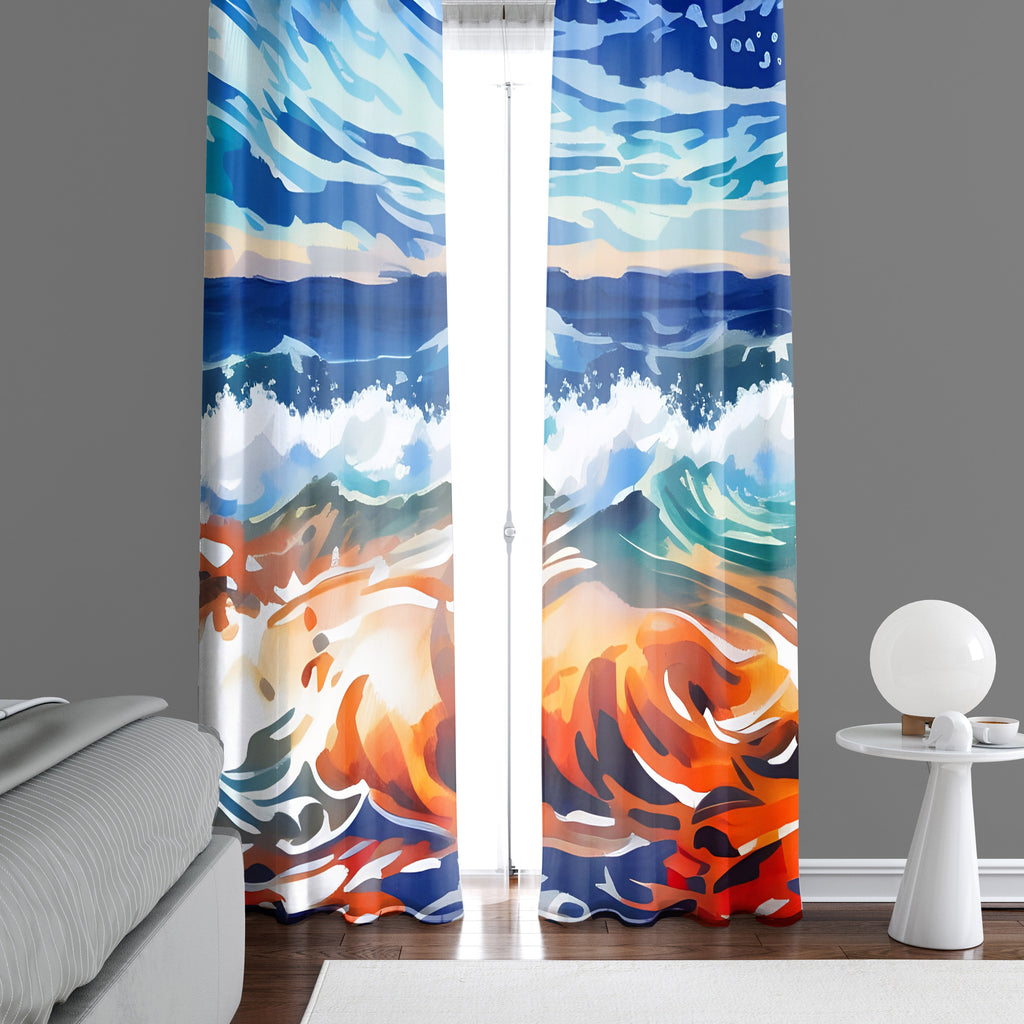 Abstract Window Curtain - Orange and Blue Churning Ocean Storm - Deja Blue Studios
