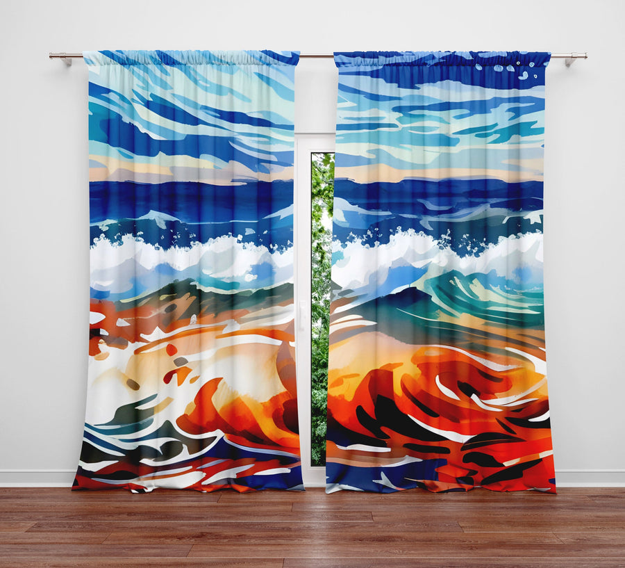 Abstract Window Curtain - Orange and Blue Churning Ocean Storm - Deja Blue Studios