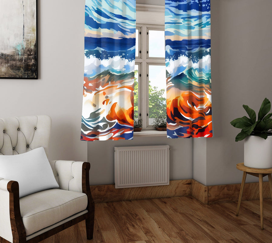 Abstract Window Curtain - Orange and Blue Churning Ocean Storm - Deja Blue Studios