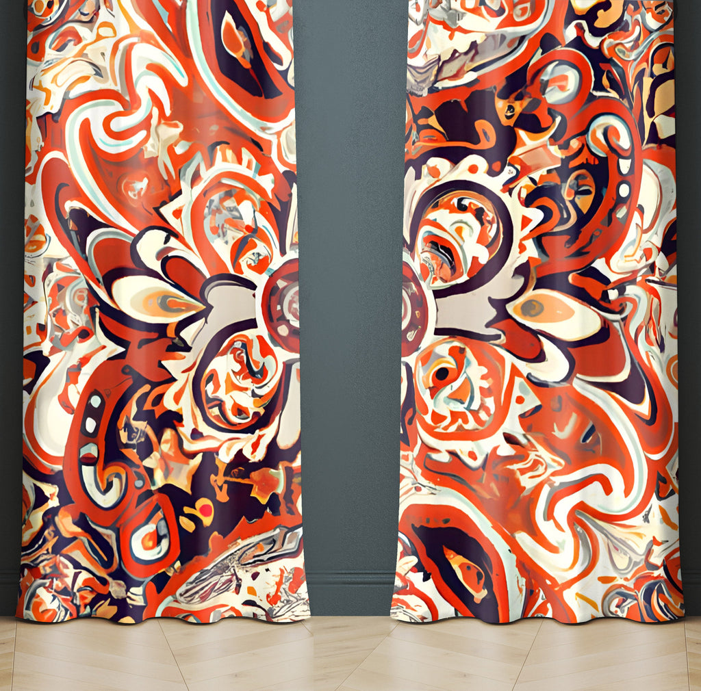 Abstract Window Curtain - Orange and Cream Watercolor Mandala - Deja Blue Studios