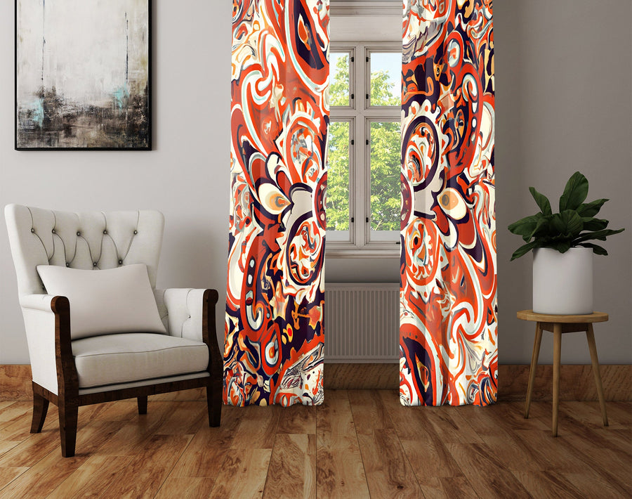 Abstract Window Curtain - Orange and Cream Watercolor Mandala - Deja Blue Studios
